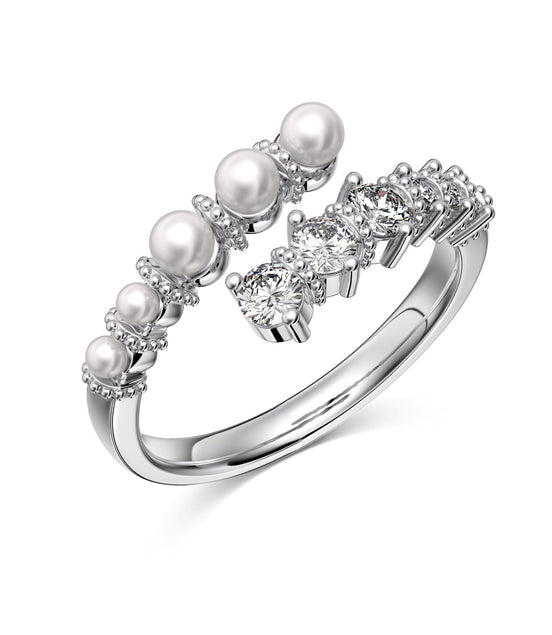Adjustable sterling silver ring with pearls and zirconia