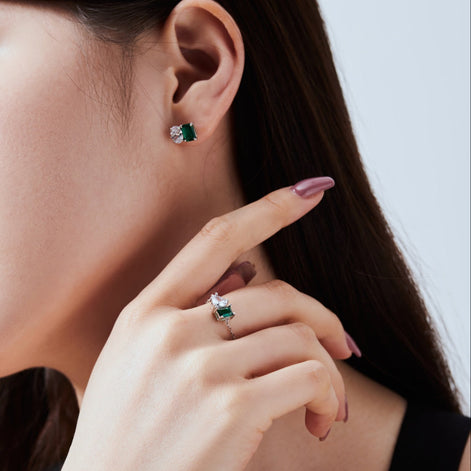 Emerald Cut Stud Earrings 925 Silver Green Emerald Look &amp; Oval Zirconia