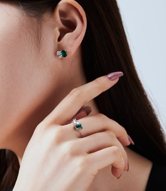 Emerald Cut Stud Earrings 925 Silver Green Emerald Look &amp; Oval Zirconia