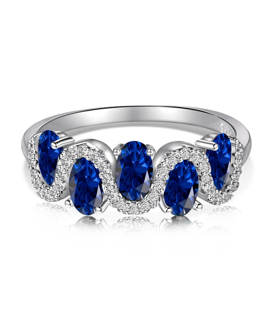925 silver ring with oval blue zirconia stones and sparkling accents