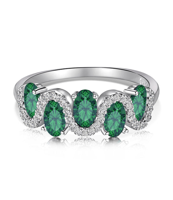 925 silver ring with oval green zirconia stones and sparkling accents