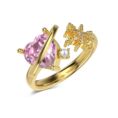 18K gold-plated 925 silver ring with pink heart zirconia and pearl