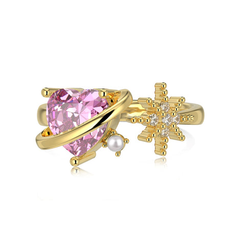 18K gold-plated 925 silver ring with pink heart zirconia and pearl